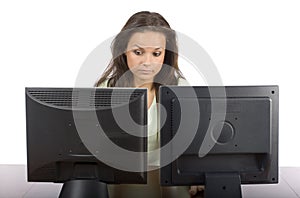 Woman at the two lcd screens