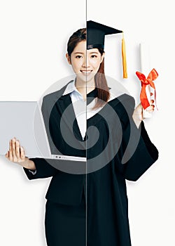 Woman in two occupations of businesswoman and graduation