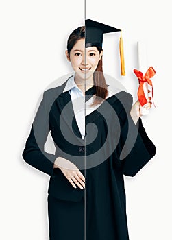 Woman in two occupations of businesswoman and graduation