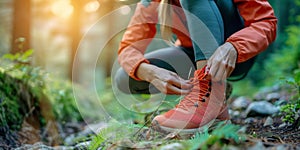 Woman Tying Shoes in Forest