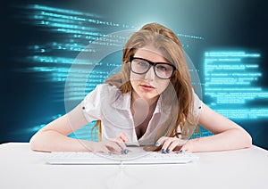 Woman typing coding text