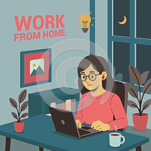 A woman typing at home at night