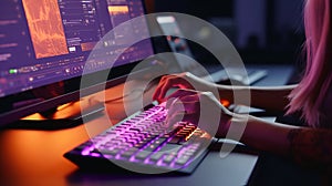 Woman typing on keyboard close-up view with cinematic lighting colors purple and orange