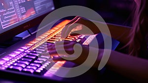 Woman typing on keyboard close-up view with cinematic lighting colors purple and orange