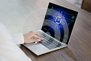 Woman typing on laptop computer keyboard. Digital transformation change management, internet of things. New technology big data