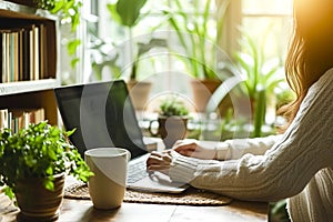 A woman is typing on a laptop in front of a window with a potted plant