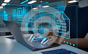 woman typing on a laptop in workspace. The laptop screen displays a holographic interface with blue glowing wireframe documents