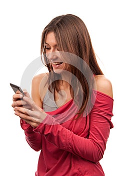 Woman typing and sending SMS on mobile cellphone