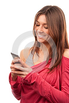 Woman typing and sending SMS mobile cellphone