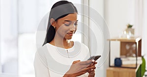 Woman typing on social media with phone, reading chat on mobile app online and communication with people on the internet