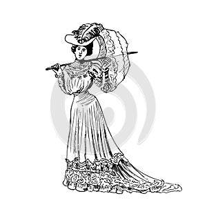 Woman with umbrella in historical costumes Edwardian era, steampunk design for card. Hand drawing - Vector