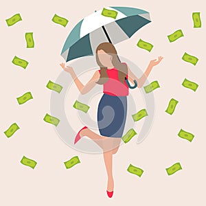 Woman umbrella money rain dollar cash rich lucky success business flat vector illustration concept