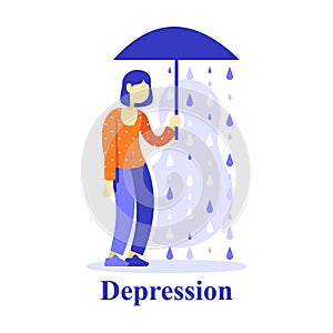 Woman with umbrella under rain, depression concept, unhappy person, unlucky or miserable, pessimism thinking
