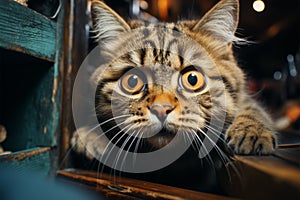 Woman uncovers fearful cat in cupboard  wide eyes tell of its startled discovery