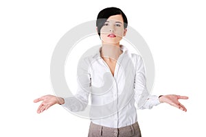 Woman with undecided open hands gesture