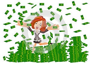 Woman under money rain