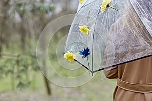 Woman under permanent umbrella adorned with fresh flowers. Symbol for spring fashion and rainwear collections. AI