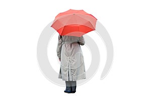 A woman under a red umbrella stands alone, isolated on a white background