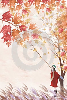 Woman under the tree and travel in late fall - Graphic painting texture