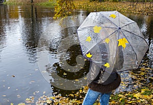 Woman under umbrella stands on the shore of an autumn lake