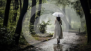 A woman under an umbrella walks in the rain along a path in the park. Late autumn, rainy wet weather.