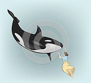 Woman under the water touches the killer whale. vector illustration.