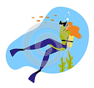 Woman Underwater Diver Photographing Fish in Ocean, Female Character with Snorkel, Flippers and Mask Active Recreation