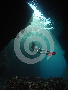 Woman Underwater Photographer Scuba Diving Cave