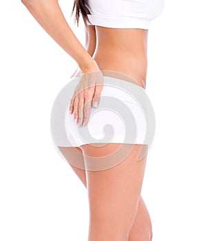 Woman, underwear and legs in studio or cellulite with cosmetics treatment, liposuction and glowing skin. Model, person