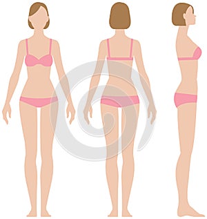 Woman in underwear in three projections front view side and back