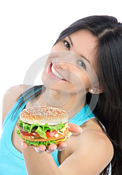 Woman with unhealthy burger in hand