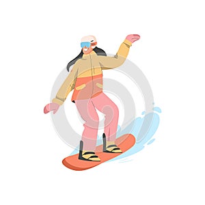 Woman in uniform is riding snowboard