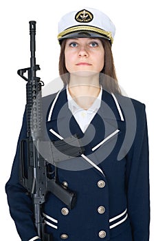 Woman in uniform sea captain with rifle