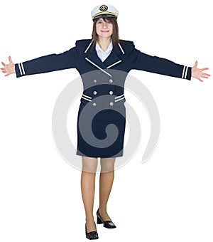 Woman in a uniform of seaman shows broad