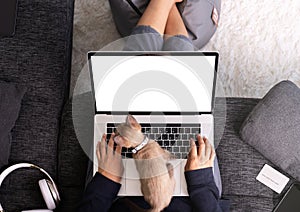 Woman use laptop on sofa furniture top view
