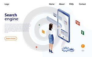 Woman uses a smartphone to search for information on the Internet. Search engine optimization for business. Isometric