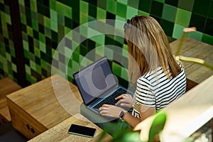 Woman usinf laptop in cafe. Freelancer in coworking