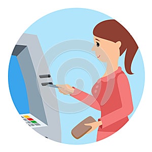 Woman using ATM machine. Vector illustration round icone isolated white background.