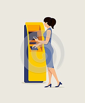 Woman using ATM and smartphone vector illustration