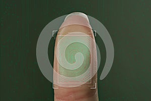 Woman using biometric fingerprint scanner on background, closeup