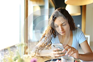 Woman using cell phone in a restaurant