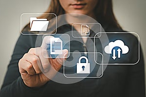 Woman using cloud computing interface for data management and security solutions online services access