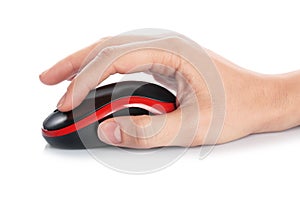 Woman using computer mouse on white background