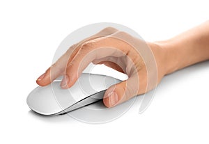 Woman using computer mouse on white background