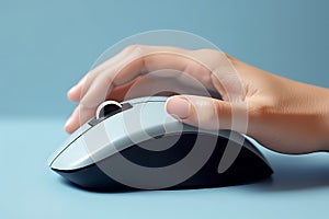 Woman using computer mouse work view. Generate Ai