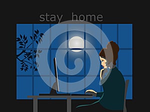 Woman using computer in room at night.There is a moon outside the window.