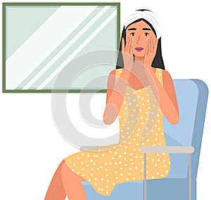 Woman using cosmetic cleansing gel to clean her face vector illustration. Morning routine concept