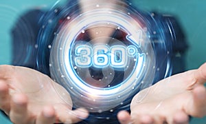 Woman using 360 degree virtual reality neon interface 3D rendering