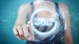 Woman using 360 degree virtual reality neon interface 3D rendering