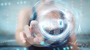 Woman using 360 degree virtual reality neon interface 3D rendering